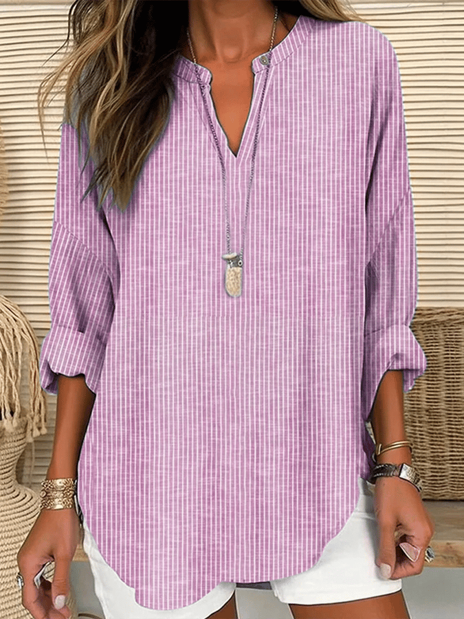 Women's Long Sleeve Blouse Spring/Fall Purple Striped Printing Cotton-Blend V Neck Daily Going Out Casual Top