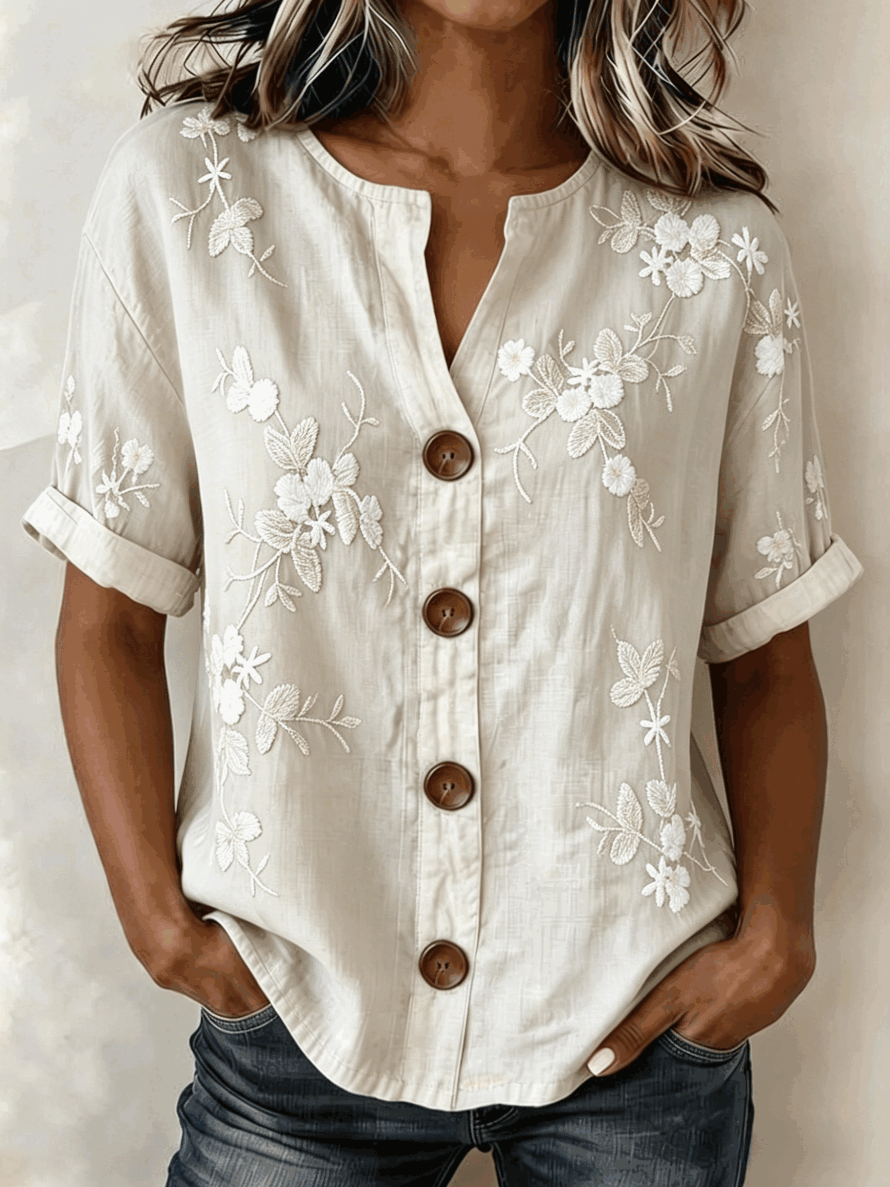 Linen Blend 3D Floral Print Henley Neck Button Front Roll Cuff Casual Blouse