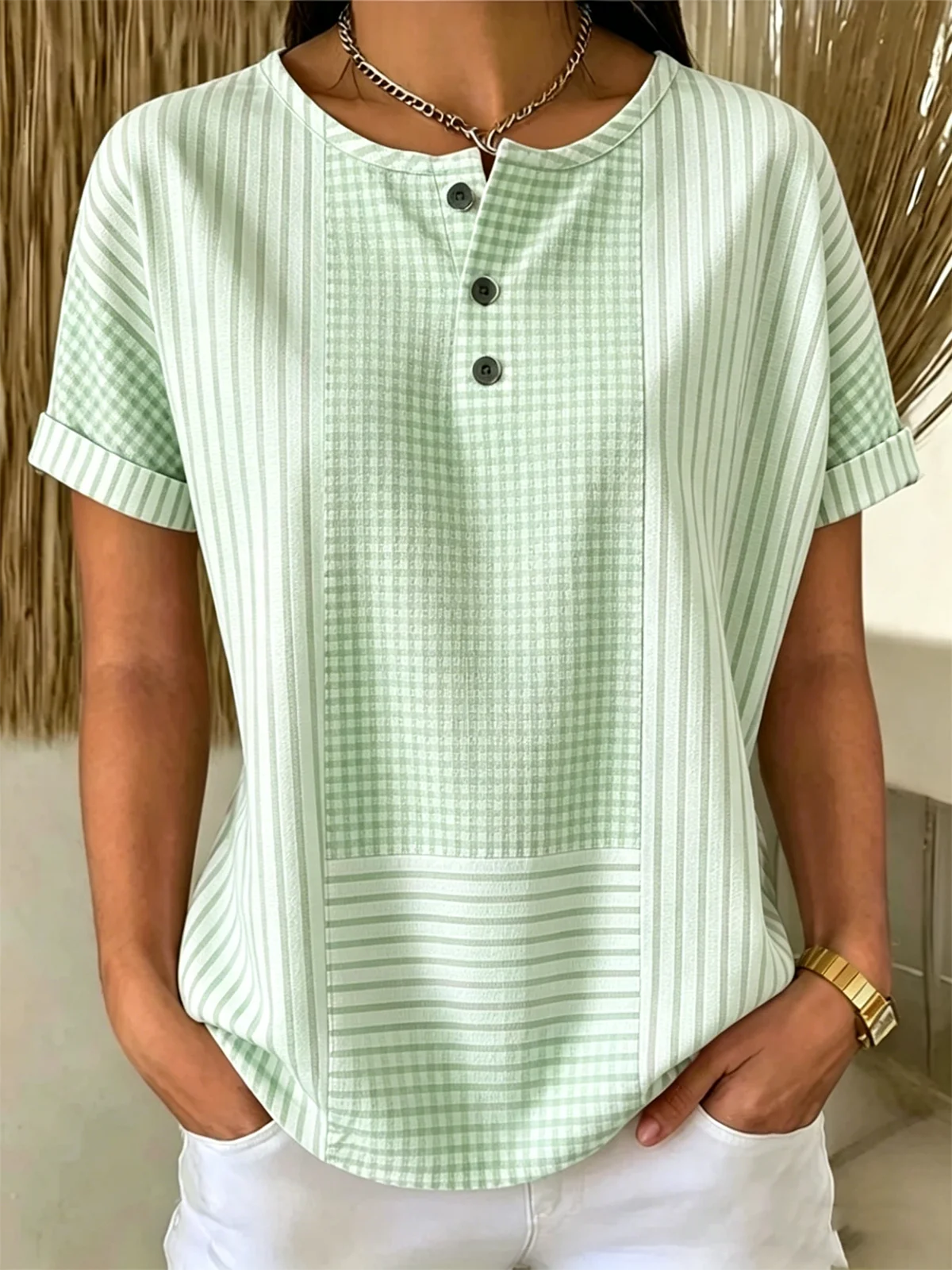 Women's Gingham & Stripe Patchwork Henley Short Sleeve Button T-Shirt