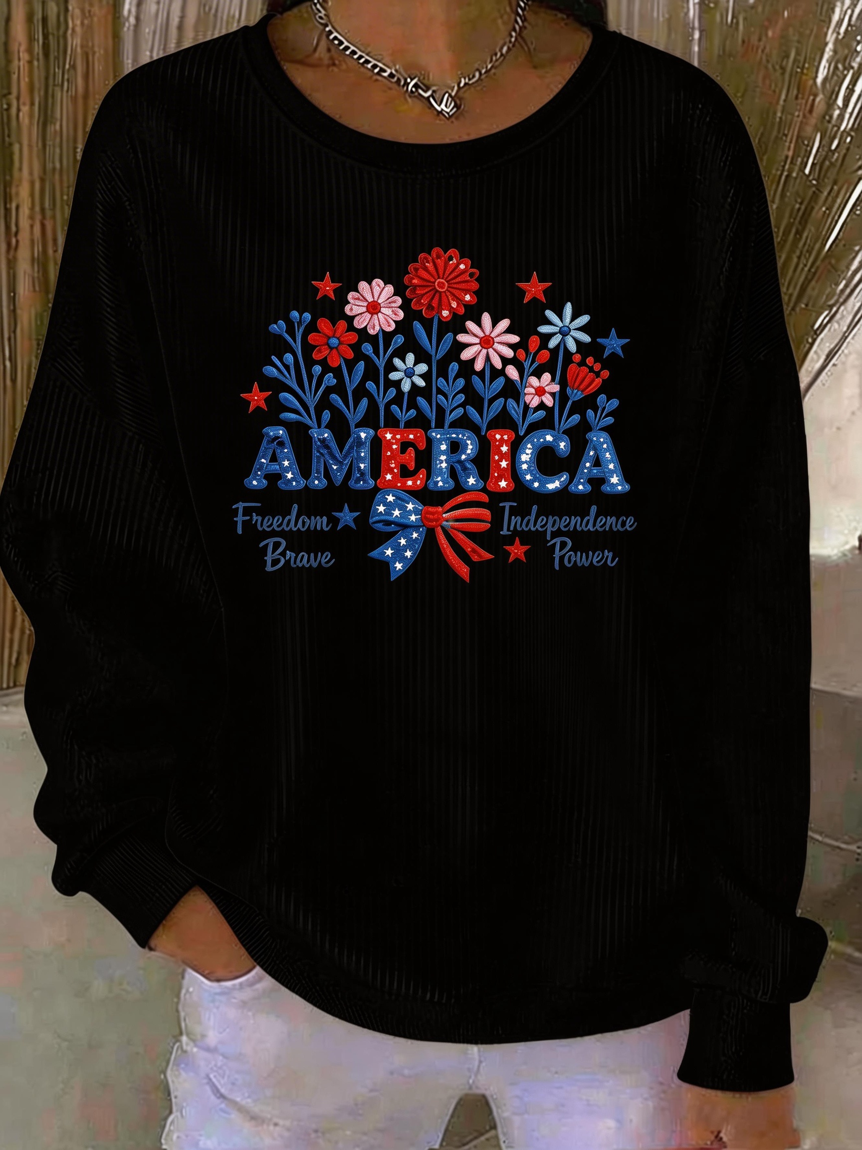 Patriotic Floral 'AMERICA' Ribbed Sweatshirt