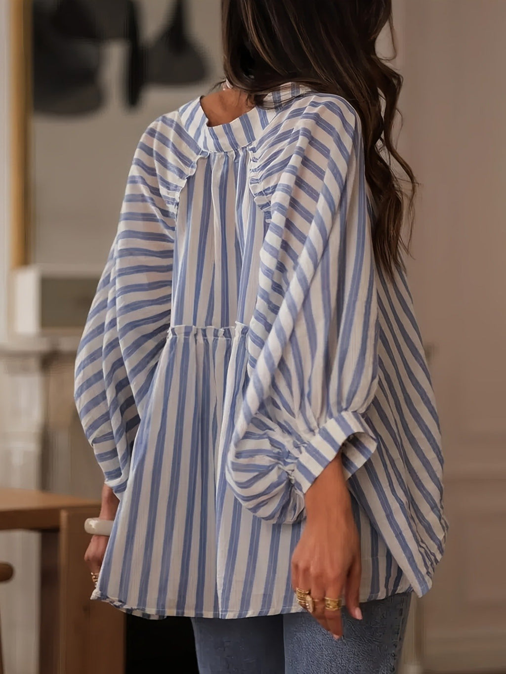 Linen Blend Balloon Sleeve Loose Others Casual Shirt