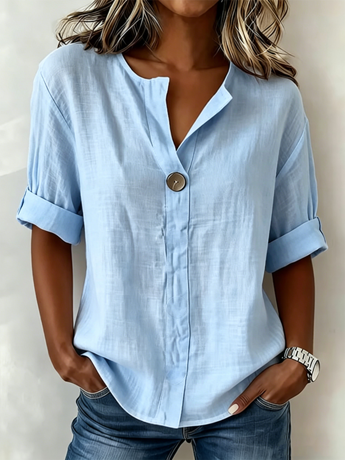 Solid White Henley Neck Button Front Short Sleeve Blouse