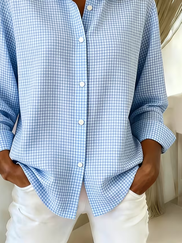 Women's Long Sleeve Shirt Spring/Fall Blue Plaid Buckle Shirt Collar Regular Sleeve Daily Going Out Casual Top