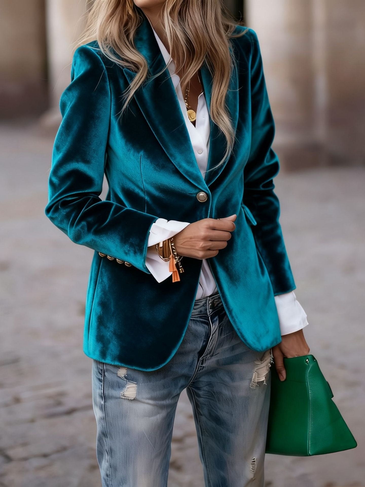Pleuche Dressy Split Joint Lapel Collar Plain Blazer