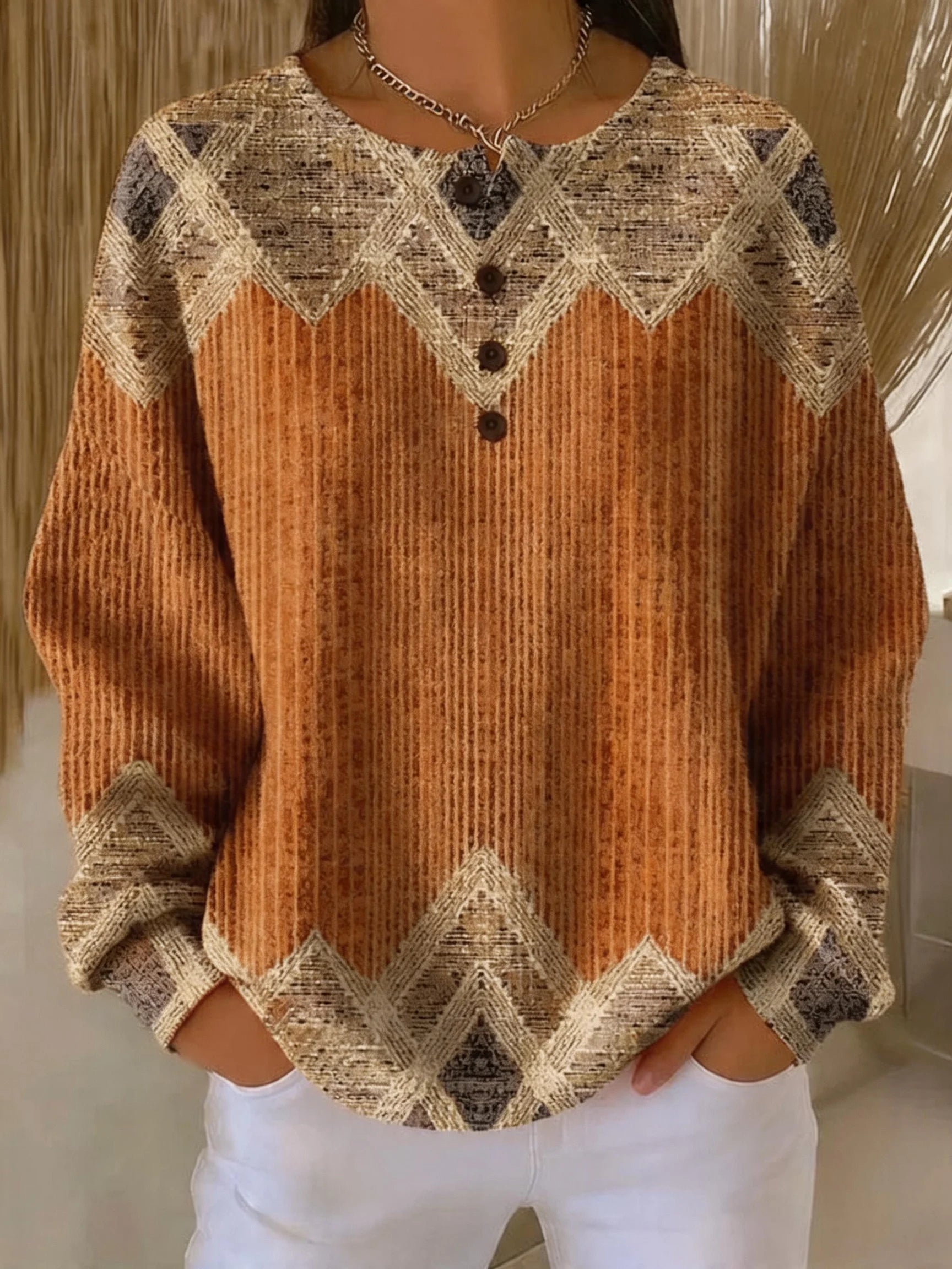 Women's Blue Geometric Patchwork Henley Pullover Ribbed Long Sleeve Casual Sweatshirt