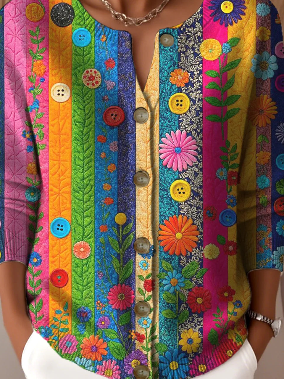 Colorful Floral Print Long Sleeve Button Down Cardigan Boho Casual Cardigan