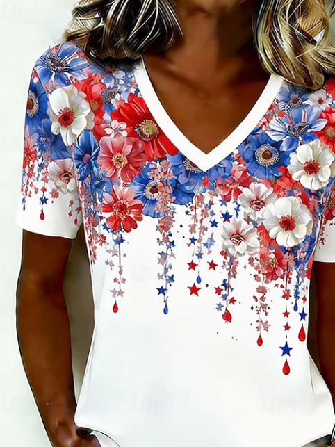 Women's Short Sleeve T-shirt Summer White Independence Day (Flag) Printing V Neck Holiday Going Out Vintage Top