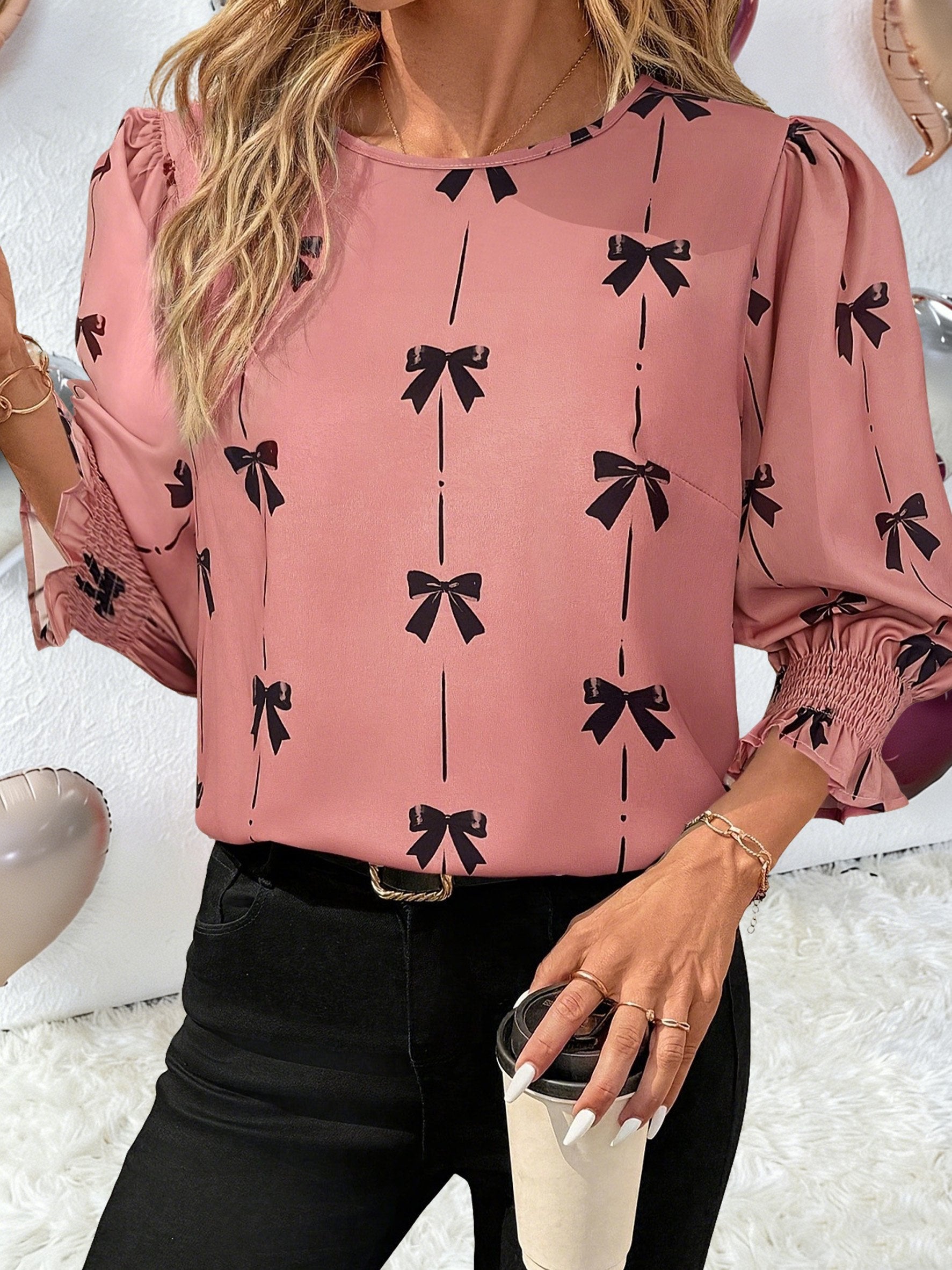 Bow Print Elegant Regular Fit Crew Neck Three Quarter Sleeve Smock Valentine's Day Casual Blouse