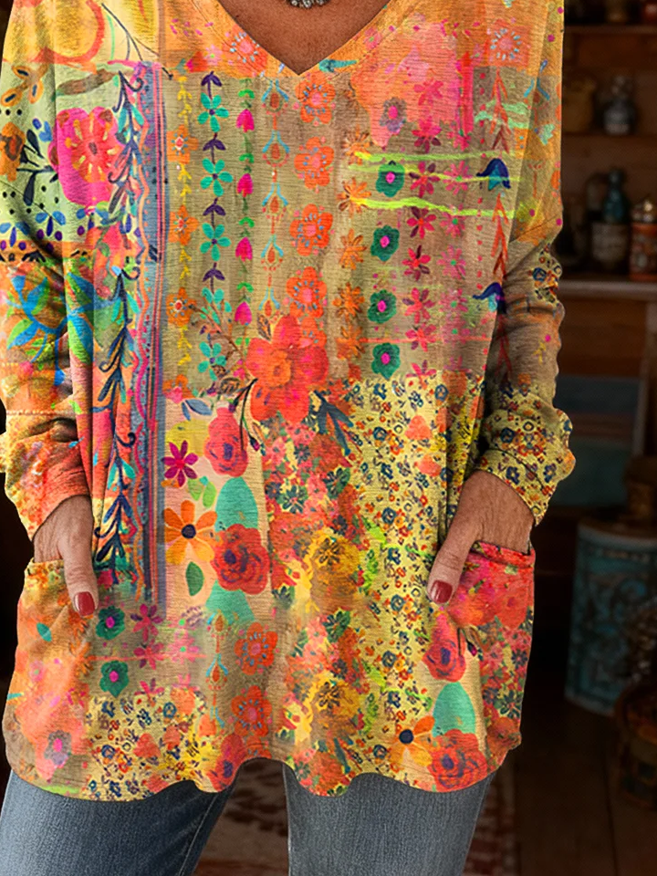 Women's Long Sleeve T-shirt Spring/Fall Yellow Floral Printing V Neck Daily Going Out Vintage Top