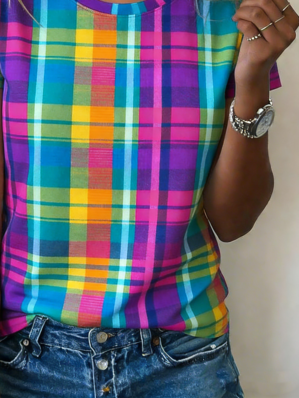 Plaid Loose Crew Neck Casual T-Shirt