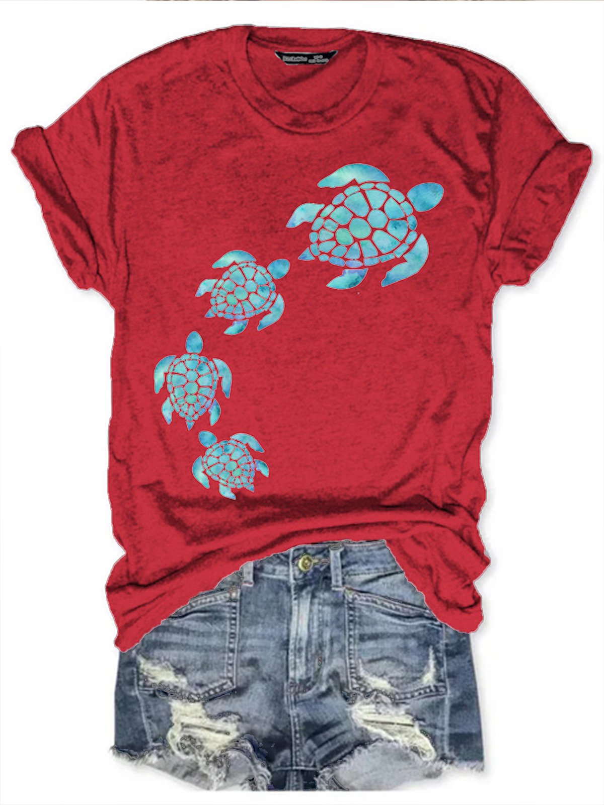 Womens Sea Turtle Watercolor Blue Print Casual T-Shirt