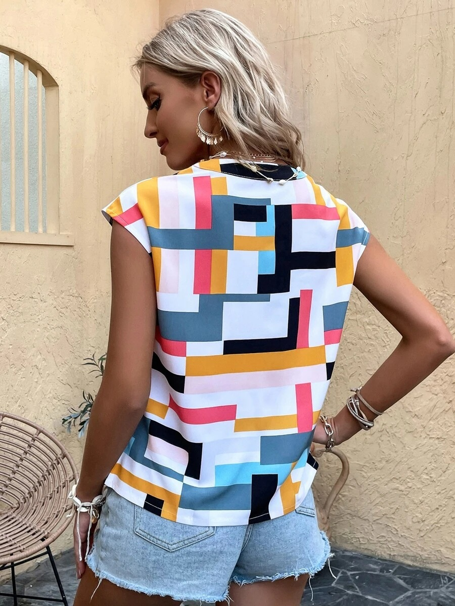 Geometric V Neck Sleeveless Loose Casual Blouse