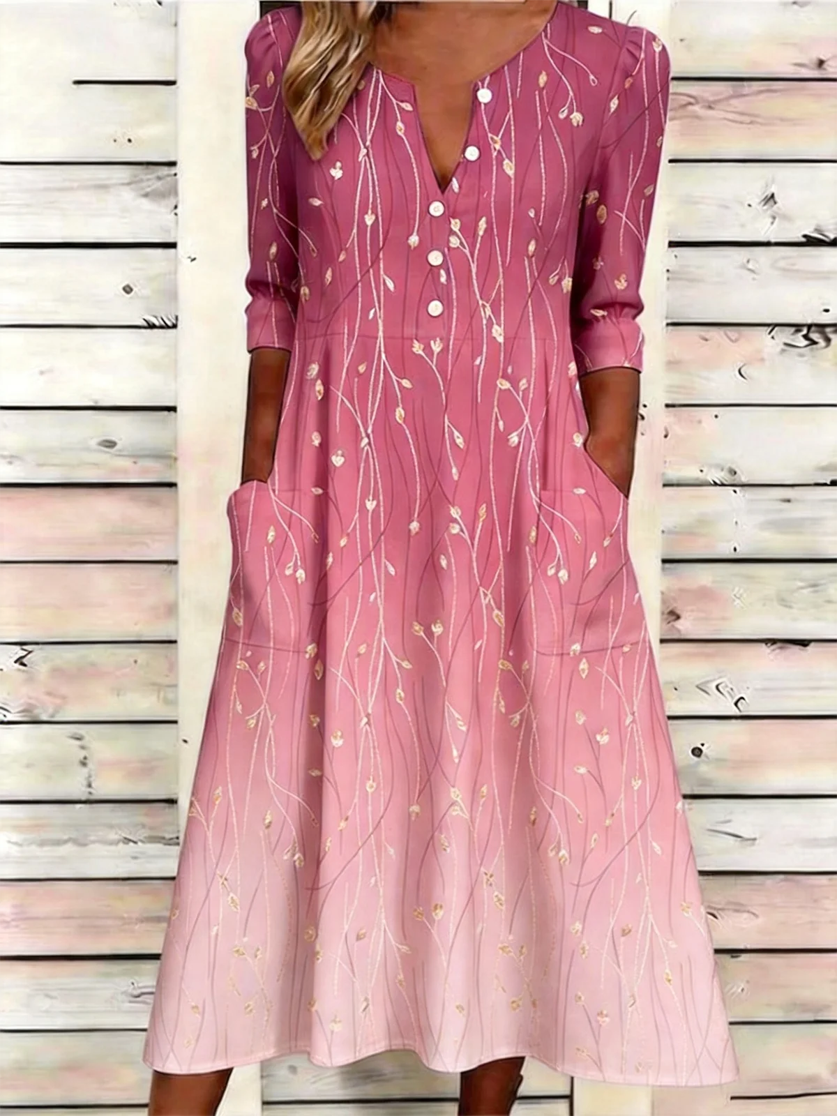 Vintage Half Open Collar Floral Loose Dress With No