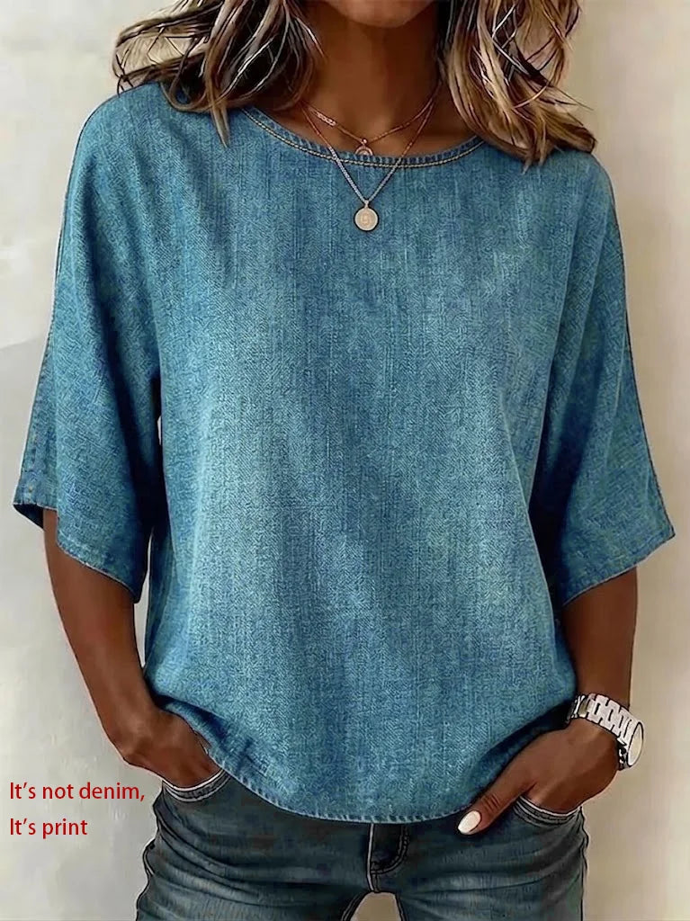 Women's Half Sleeve Blouse Summer Blue Plain Printing Crew Neck Daily Going Out Vintage Top