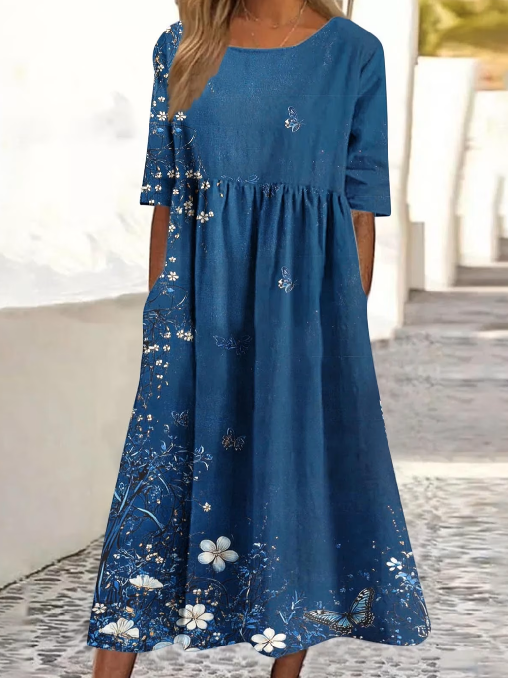 Crew Neck Loose Elegant Floral Dress With No