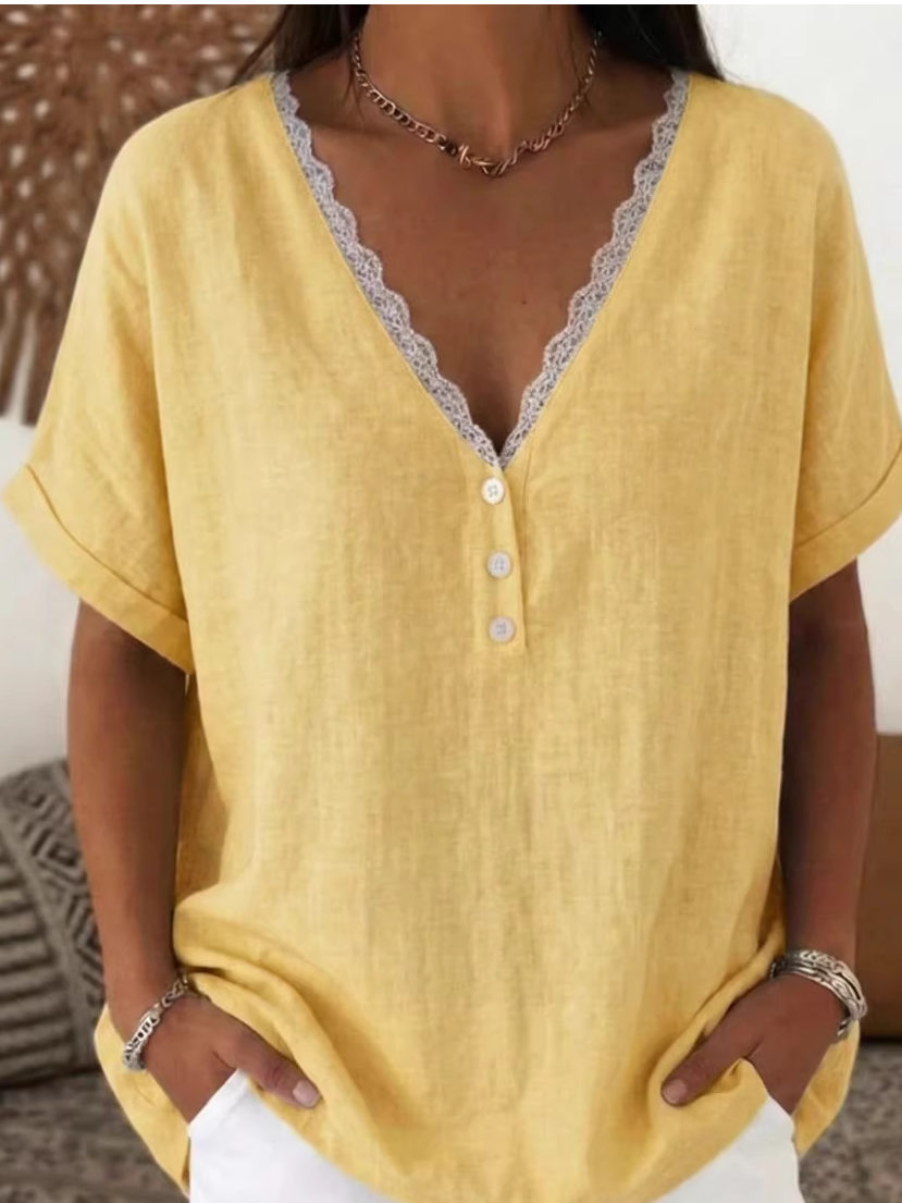Cotton Casual Lace V Neck Blouse