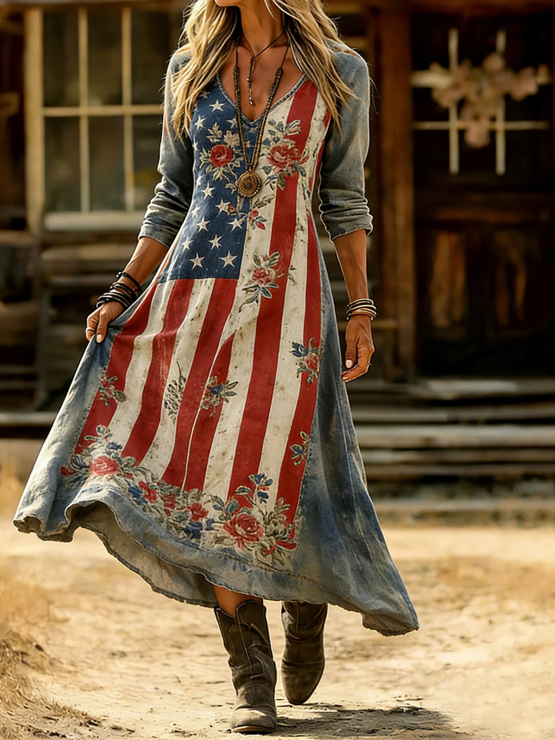 Women America Flag Spring Summer Dress V Neck A-Line Boho Maxi Dress
