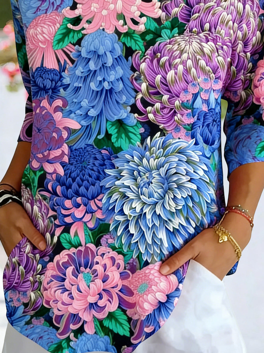 Women's Three Quarter Sleeve T-shirt Spring/Fall Purple Floral Printing V Neck Daily Going Out Casual Top