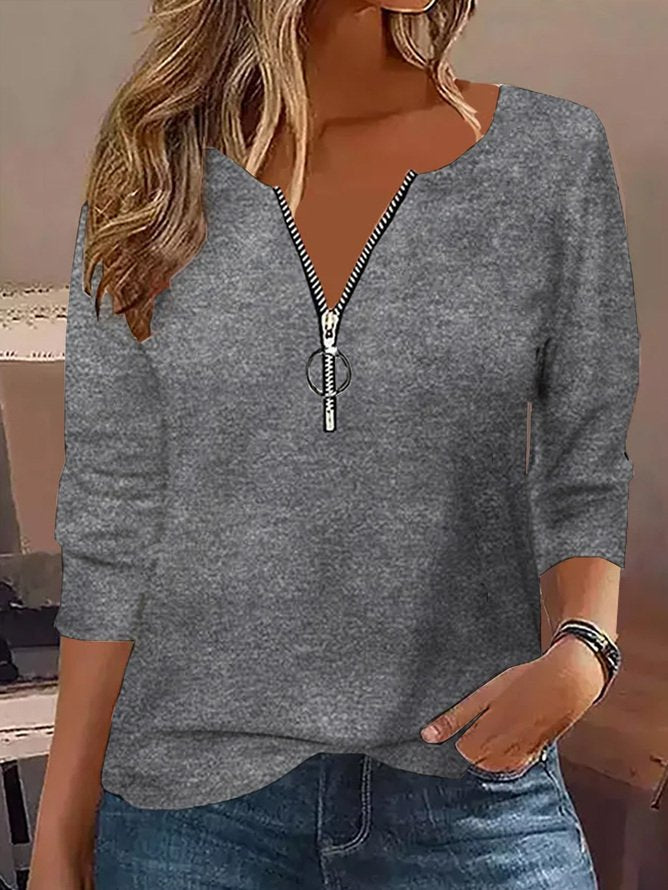 Casual Zipper Cotton-Blend V Neck T-Shirt