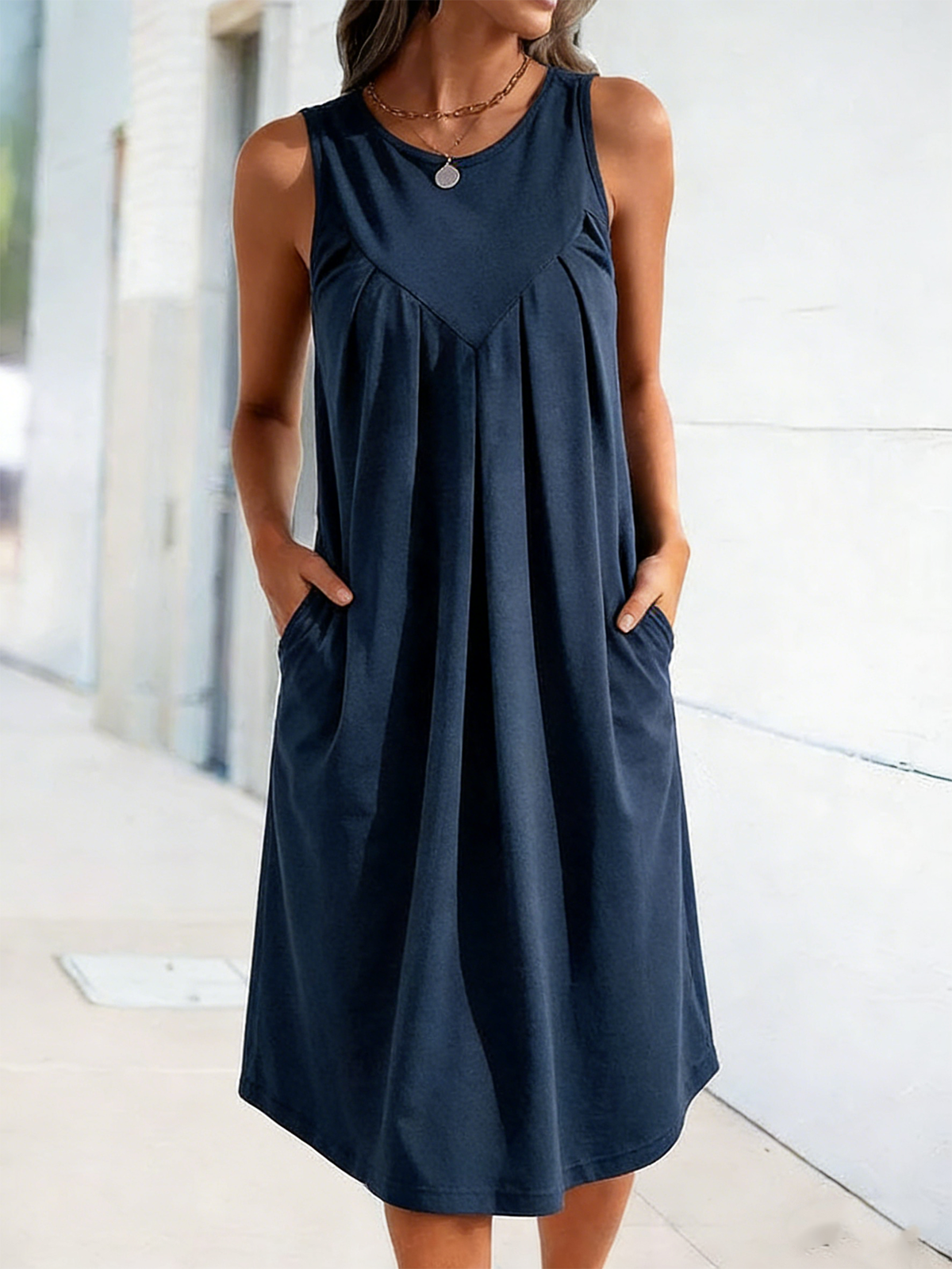 Plain Elegant Cotton-Blend Crew Neck Dress With No