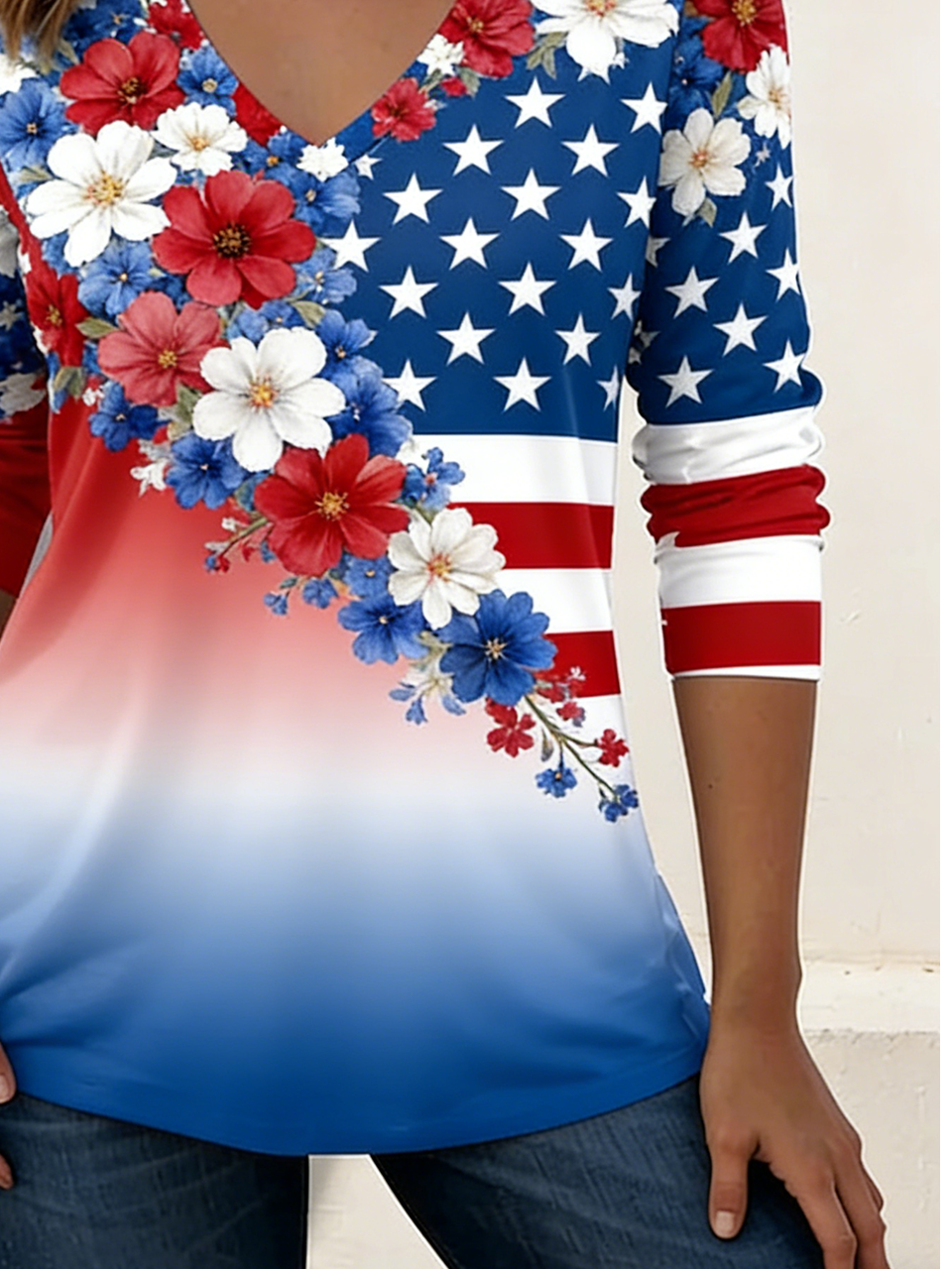 Loose Independence Day V Neck Elegant T-Shirt