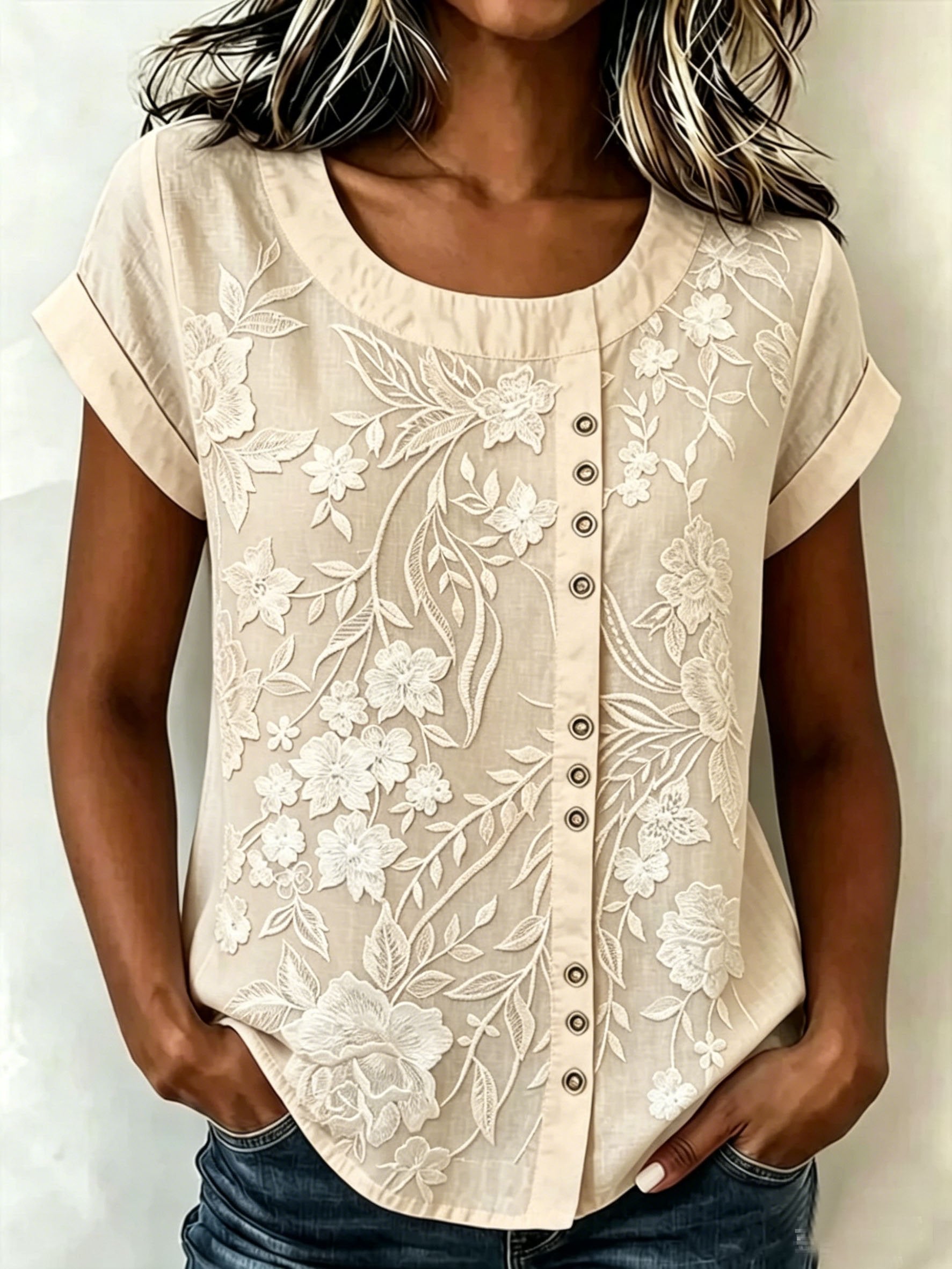 3D Printing Casual Linen Blend Crew Neck Loose Casual Top