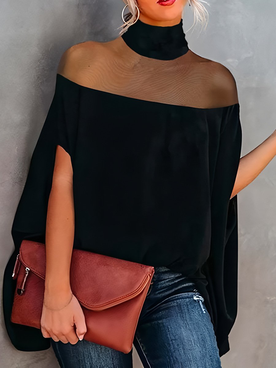 Women's Half Sleeve T-shirt Summer Black Plain Split Joint Mock Neck Dolman Sleeve Daily Going Out Casual Top