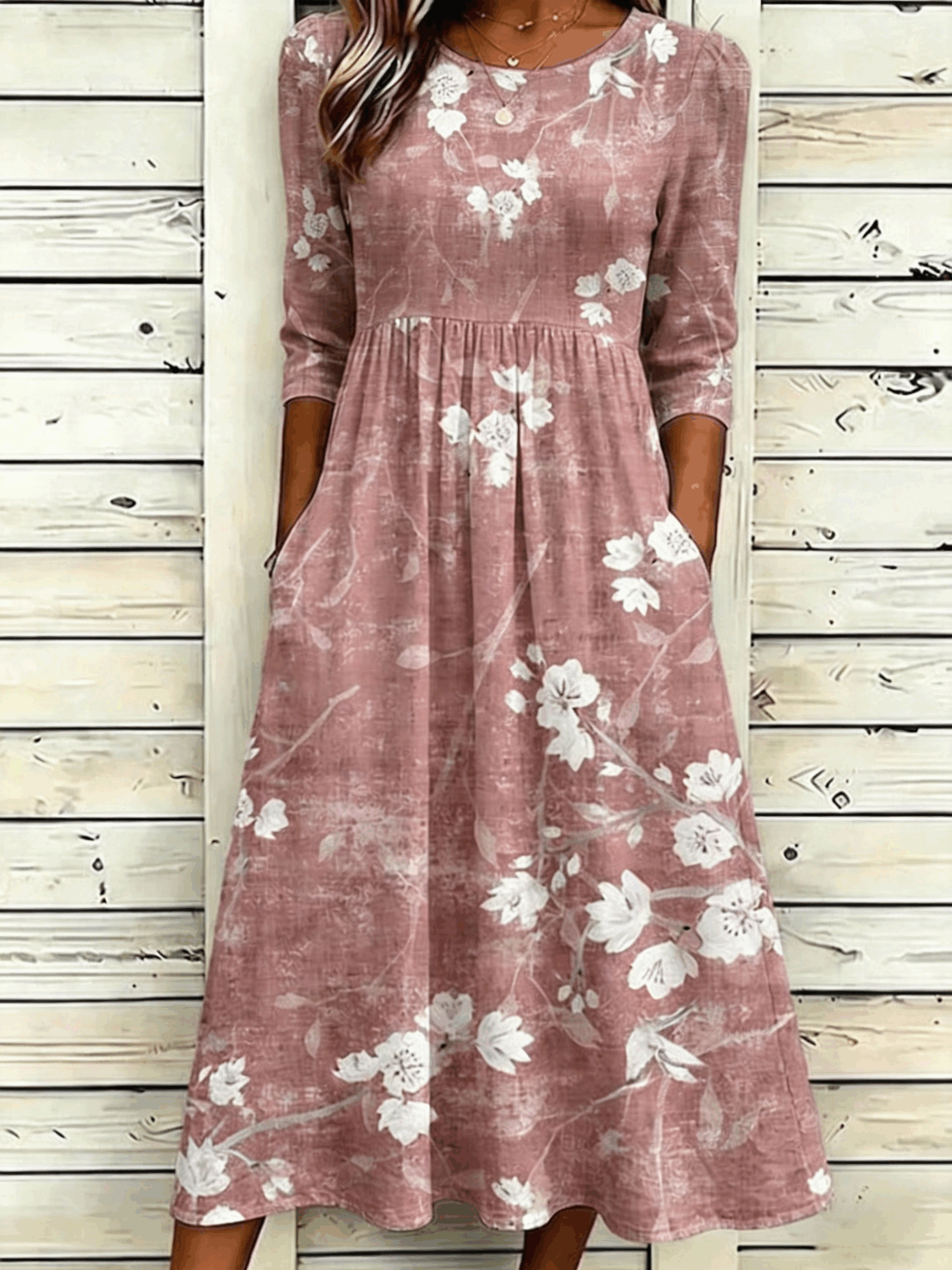 Branch Floral Print Round Neck 3/4 Sleeve A-Line Midi Dress