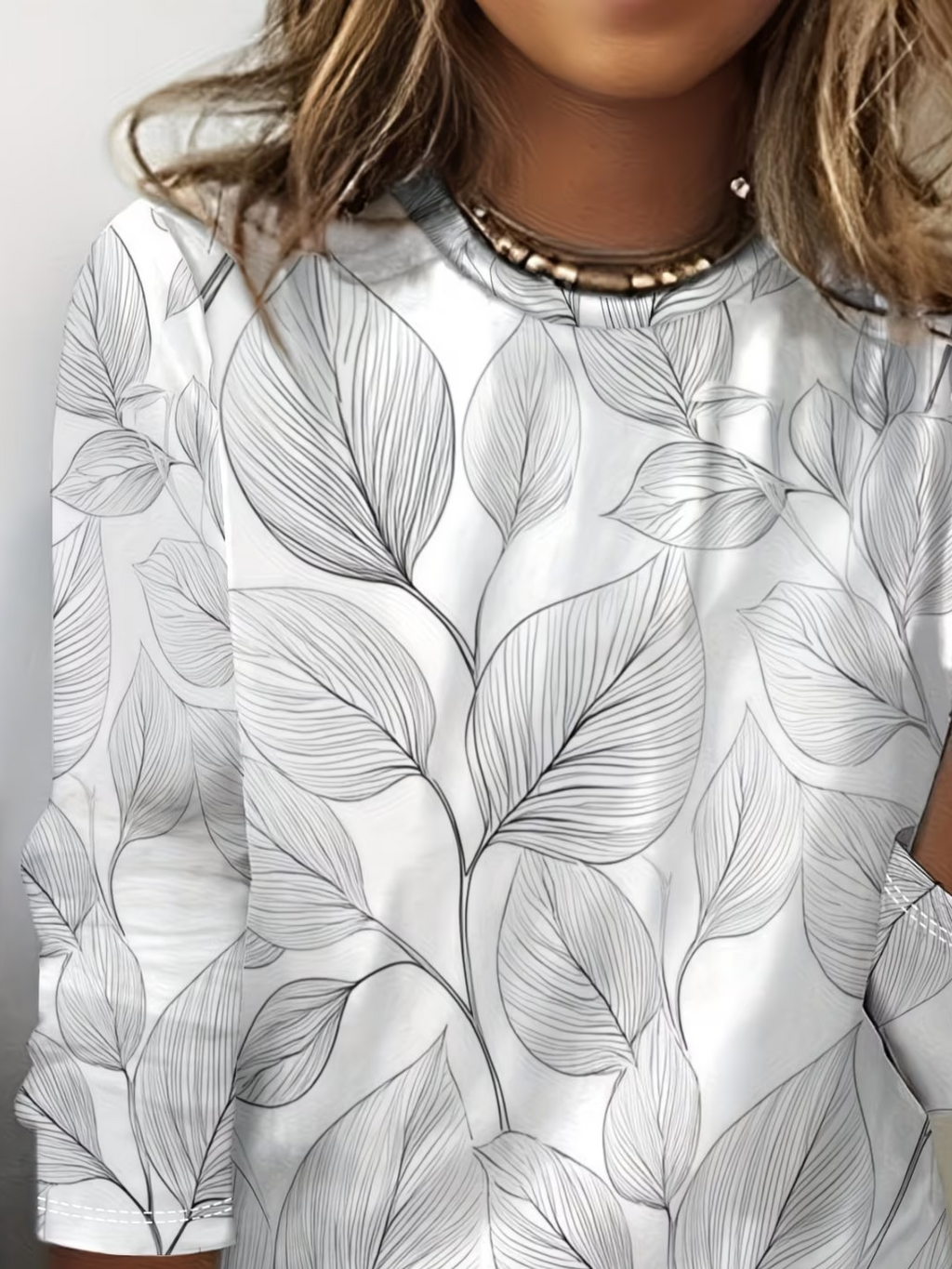 Women's Long Sleeve T-shirt Spring/Fall White Leaf Printing Jersey Crew Neck Daily Going Out Casual Top