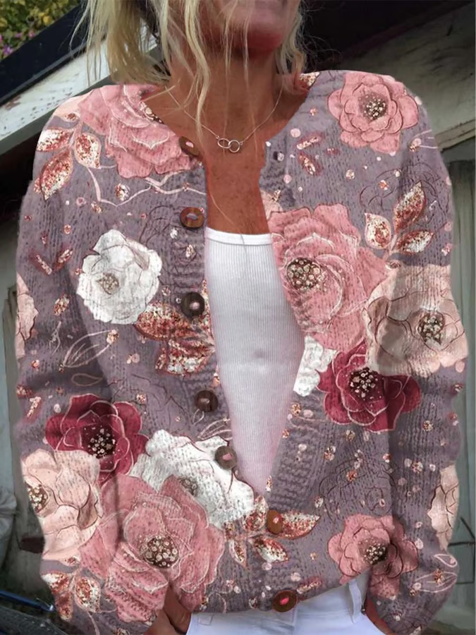 Women's Floral Print Casual Long Sleeve Button Cardigan Sweater