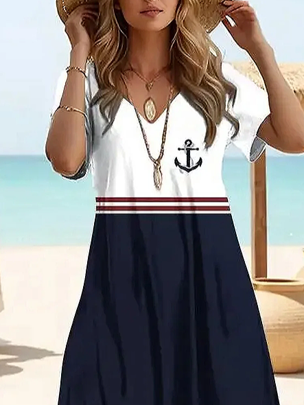 Women's Anchor Print Casual V-Neck Short Sleeve Dress