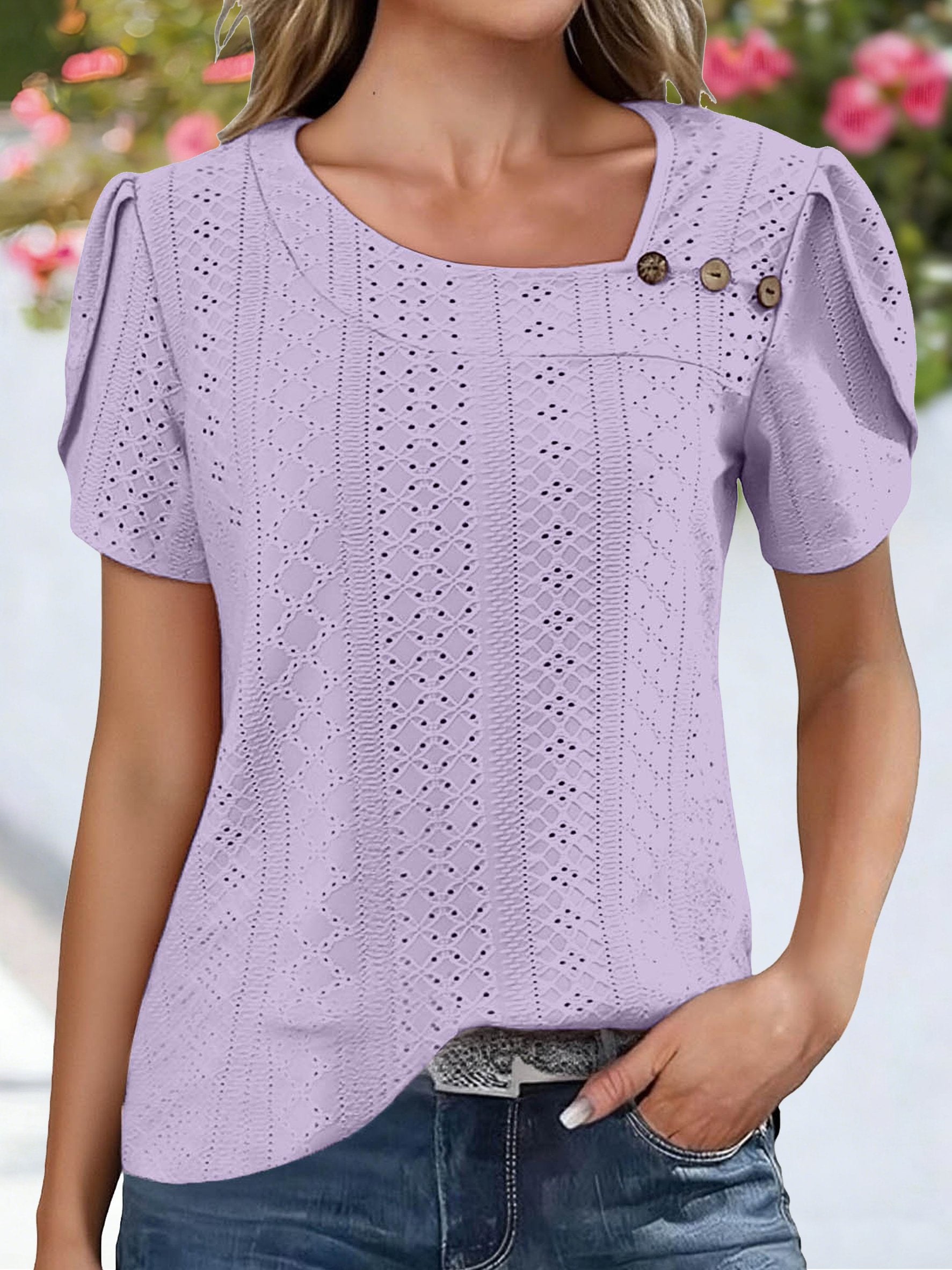 Asymmetrical Neck Button Short Sleeve Summer Going Out Casual T-Shirt