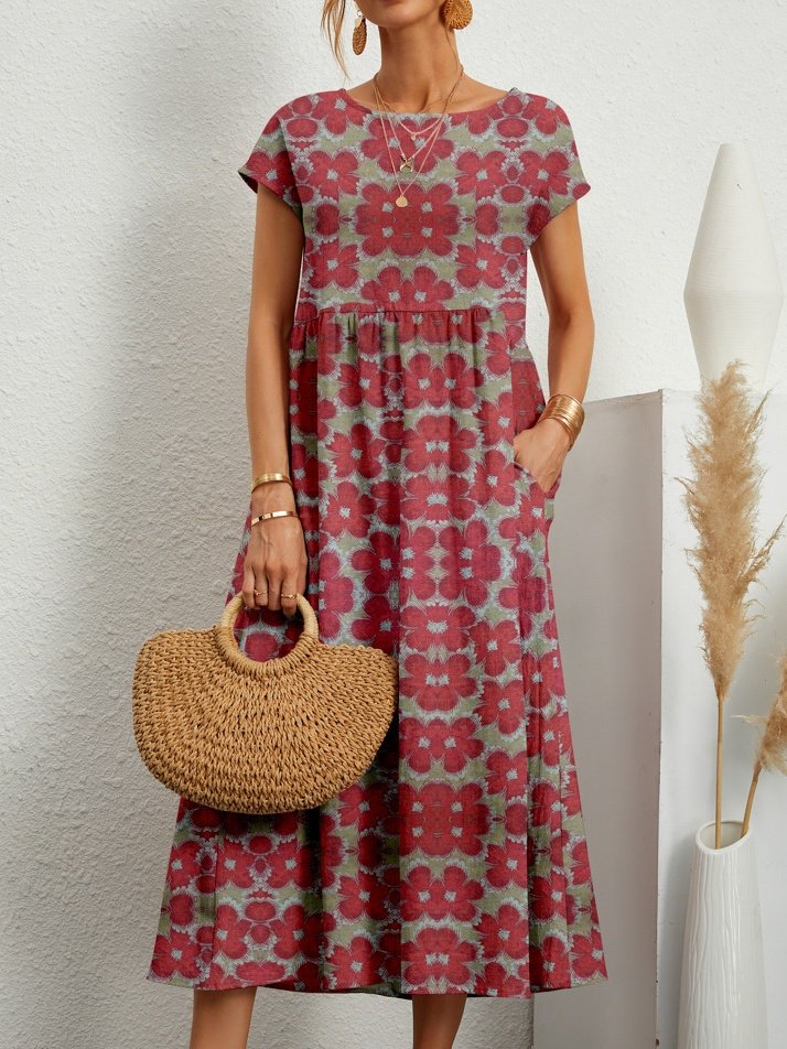 Women's Short Sleeve Summer Yellow Floral Split Joint Crew Neck Daily Going Out Vintage Maxi A-Line Tank Dress