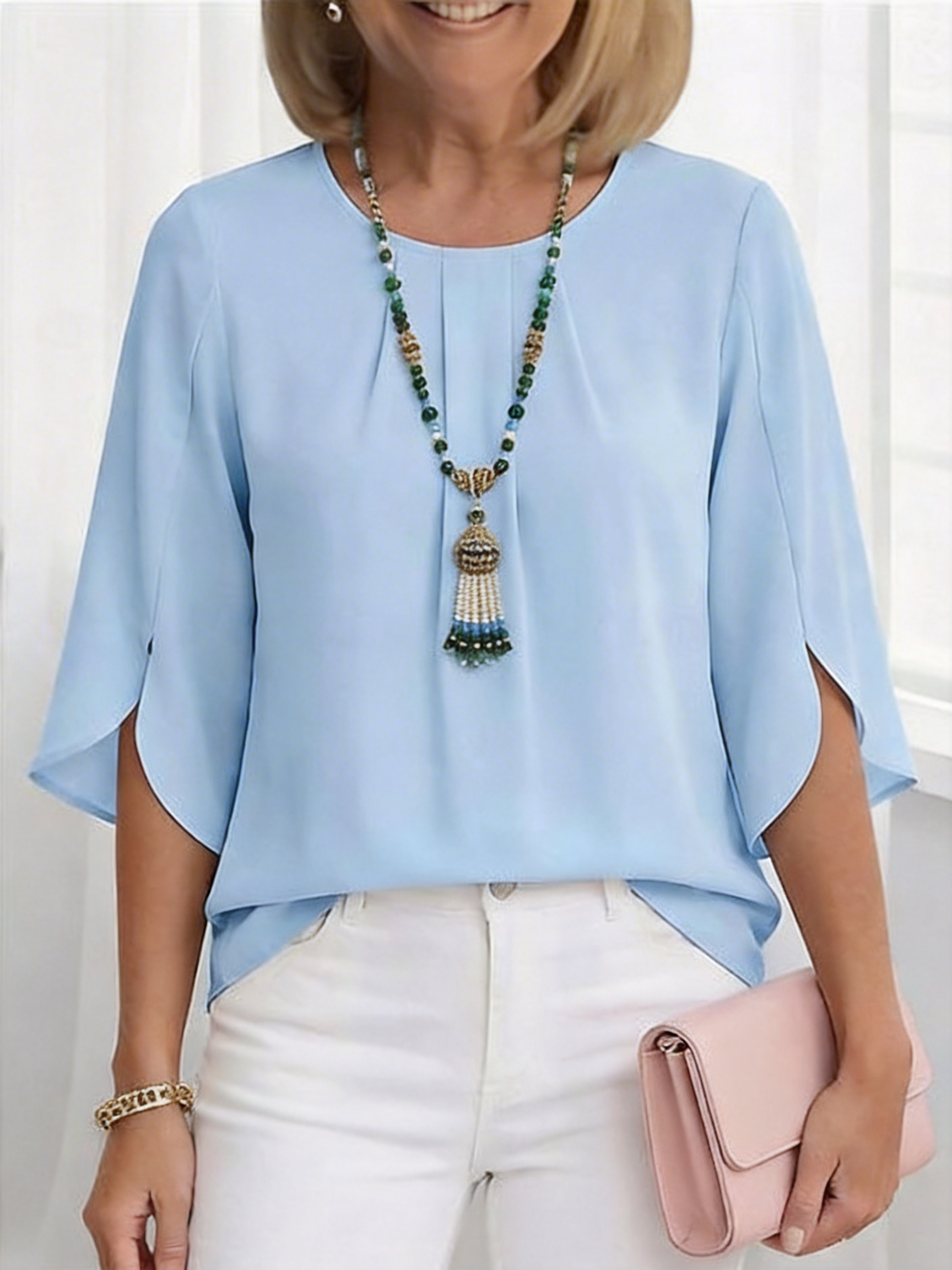 Solid Round Neck Ruffle Sleeve Loose Fit T-Shirt