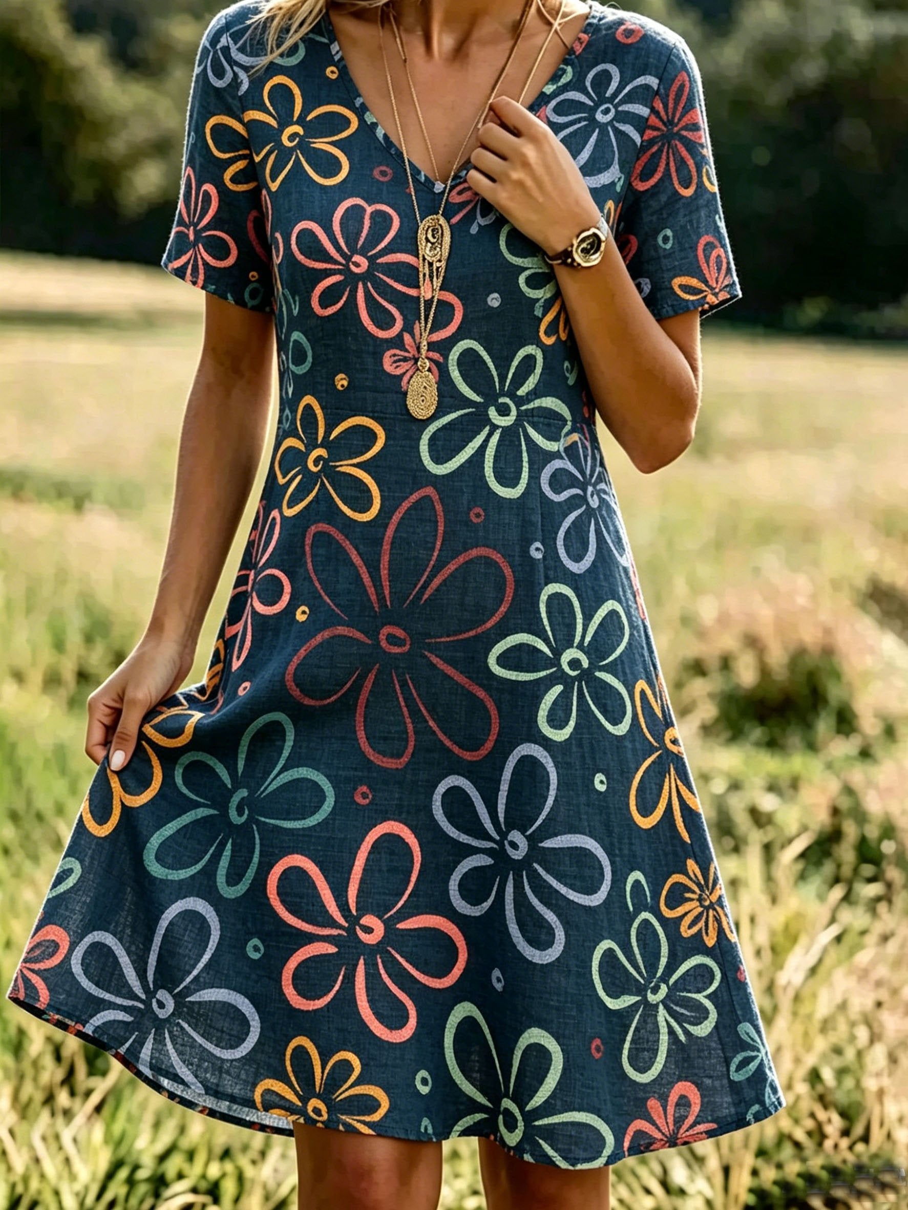 Women's Vintage Denim Blue Floral Print V-Neck Short-Sleeve Casual Dress