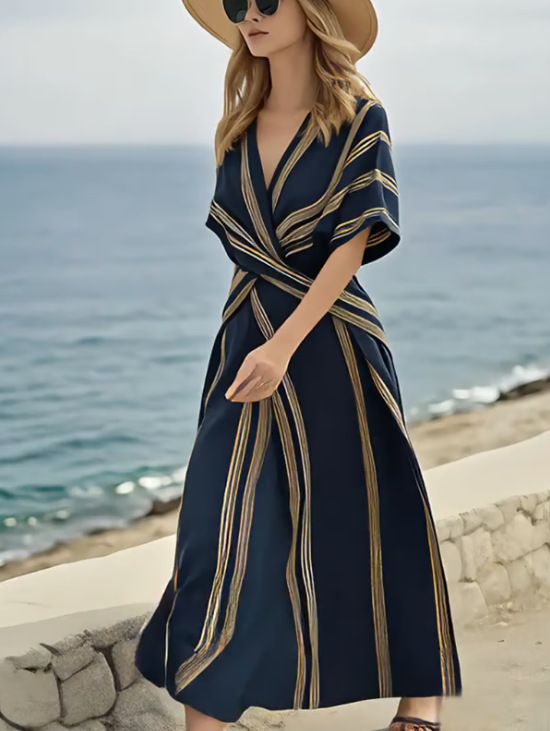 Abstract Stripe Cross V-neck Design Short Sleeve Summer Going Out Boho Maxi Dress