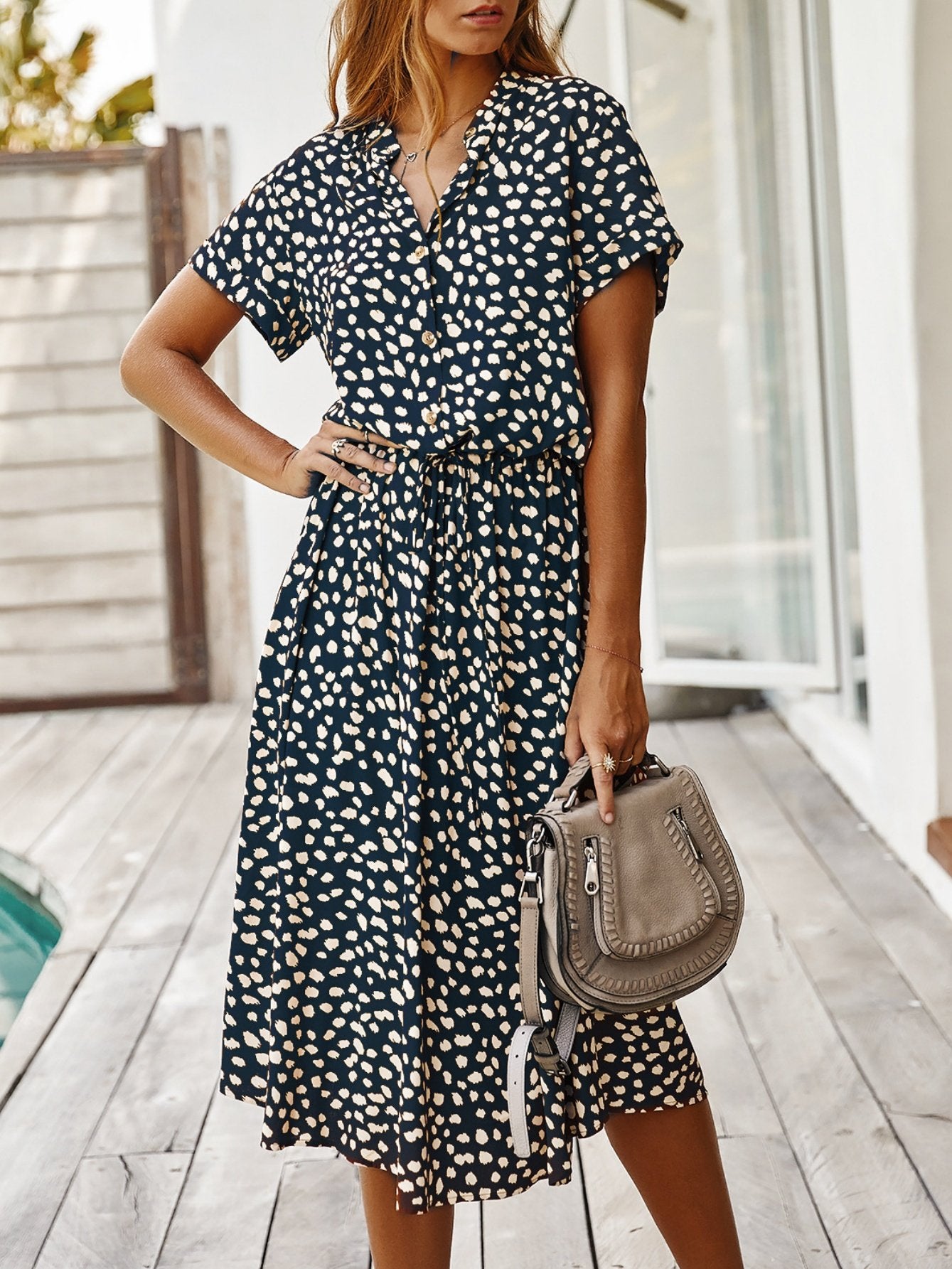 Women's Short Sleeve Summer Blue Polka Dots Split Joint V Neck Daily Going Out Vintage Maxi A-Line T-Shirt Dress Dress