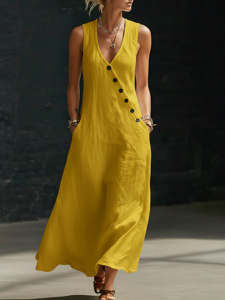 Women Cotton Linen Sleeveless V-Neck Button Vacation Going Out Maxi Dress