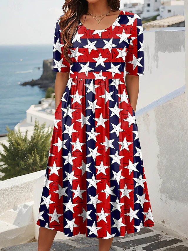 Crew Neck Regular Fit America Flag Casual Dress With No