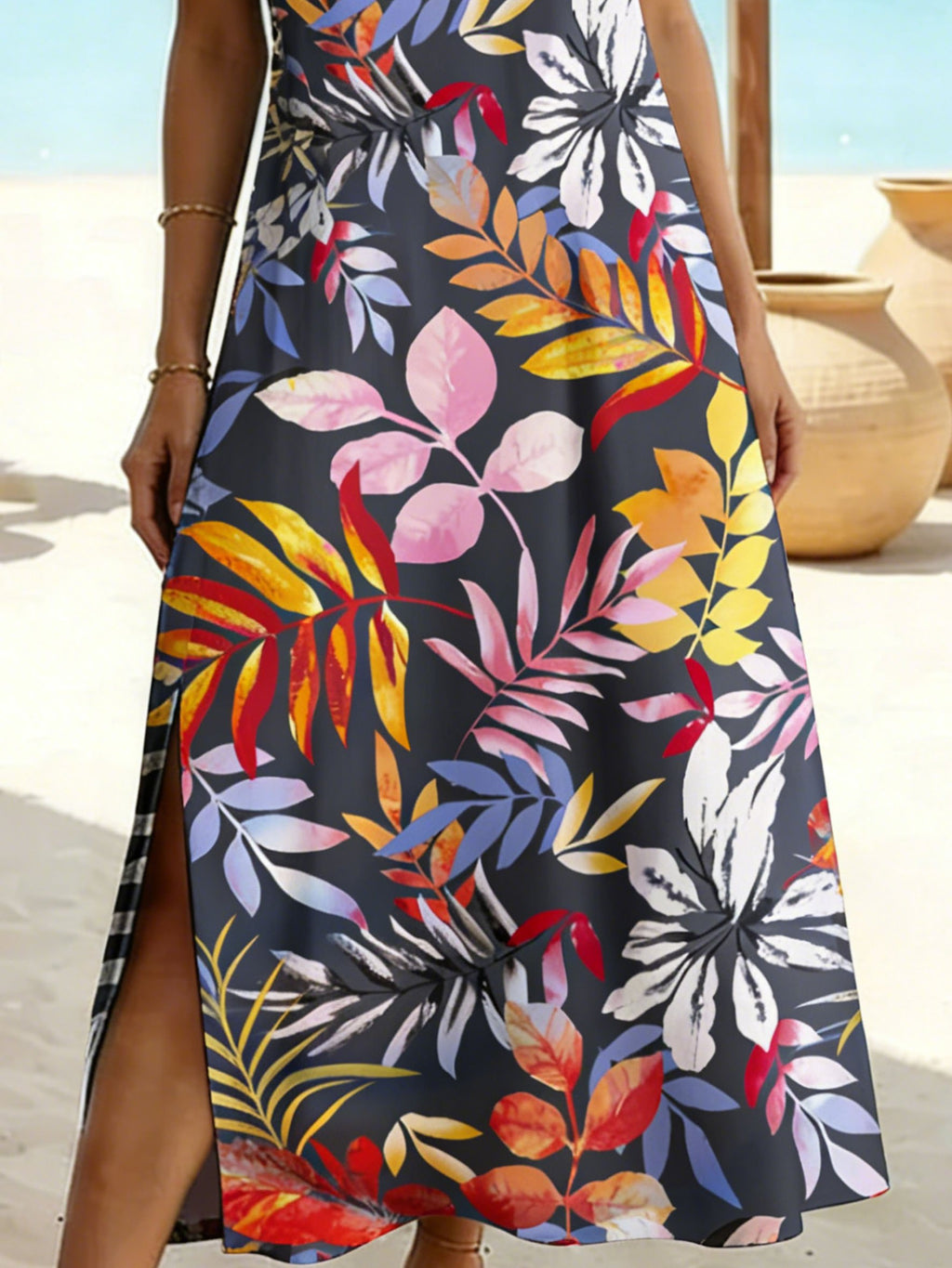 Women's Short Sleeve Summer As Picture Colorful Leaf Printed V Neck Short Sleeve Daily Going Out Casual Maxi A-Line T-Shirt Dress