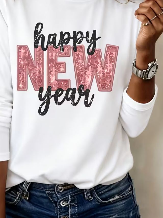 Women's Happy New Year Print Crew Neck Long Sleeve T-Shirt