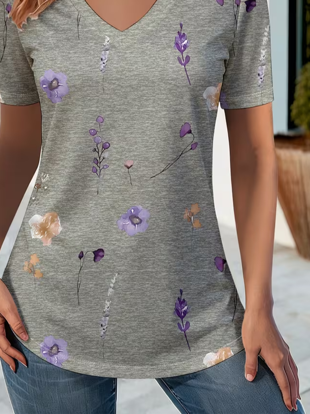 Women's Short Sleeve T-shirt Summer Gray Floral Printing V Neck Holiday Going Out Vintage Top