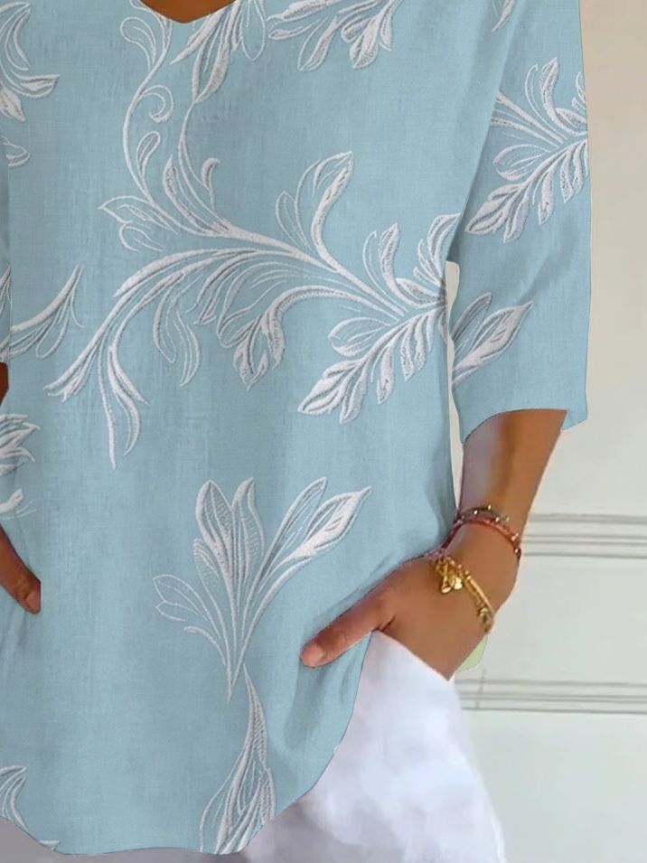 Women's Three Quarter Sleeve T-shirt Spring/Fall Blue Floral Printing V Neck Daily Going Out Casual Top