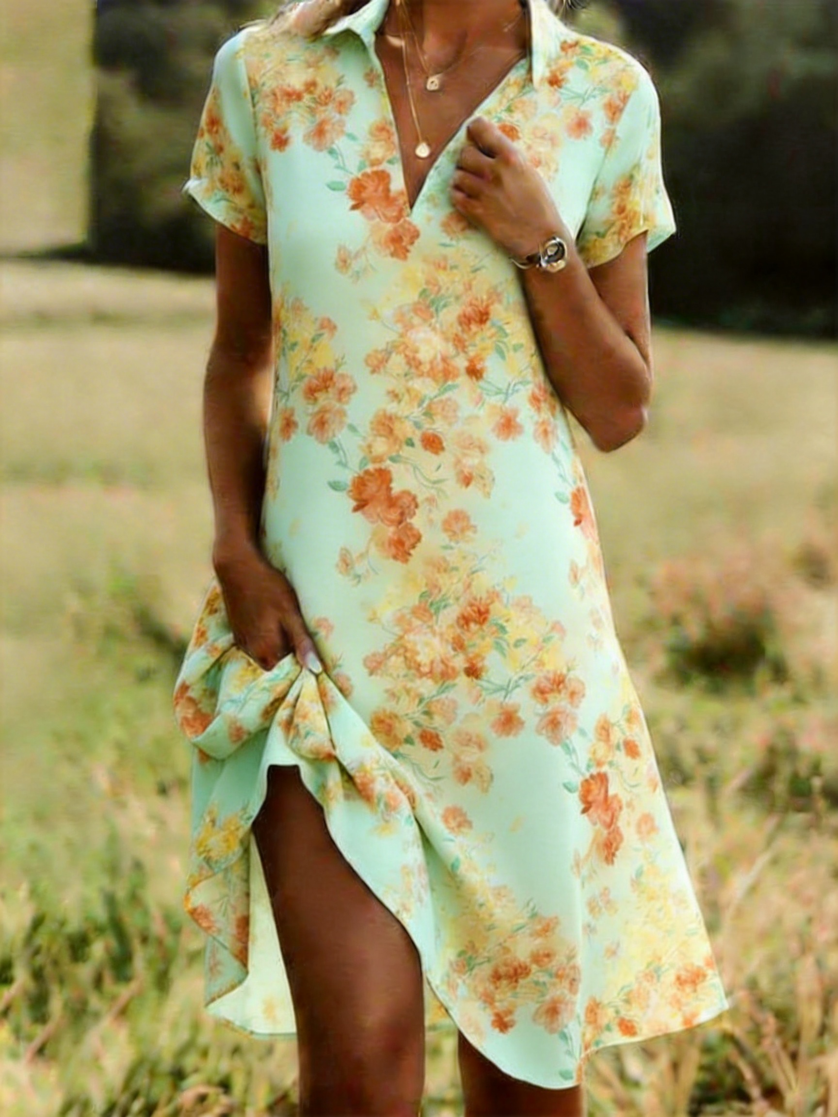 Loose Shirt Collar Floral Vintage Shirt Dress With No