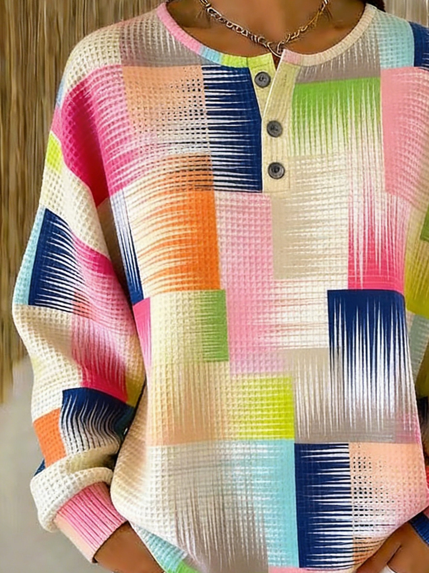 Women's Abstract Geometric Print Button-Up Casual Waffle Knit Sweatshirt