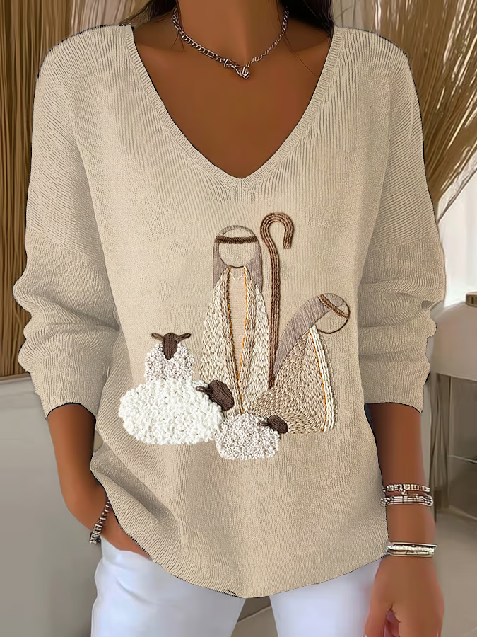 Women's Nativity Print V Neck Sweater