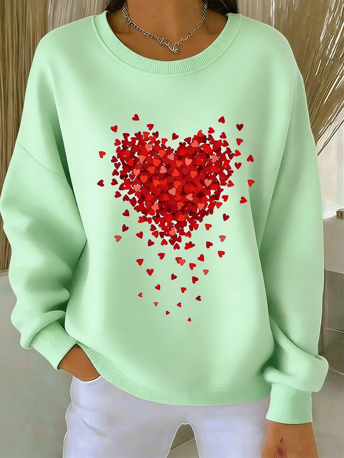 Valentine's Day Crew Neck Simple Cotton-Blend Sweatshirt
