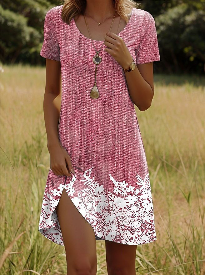 3D Printing Floral Crew Neck Short Sleeve Summer Going Out Dress