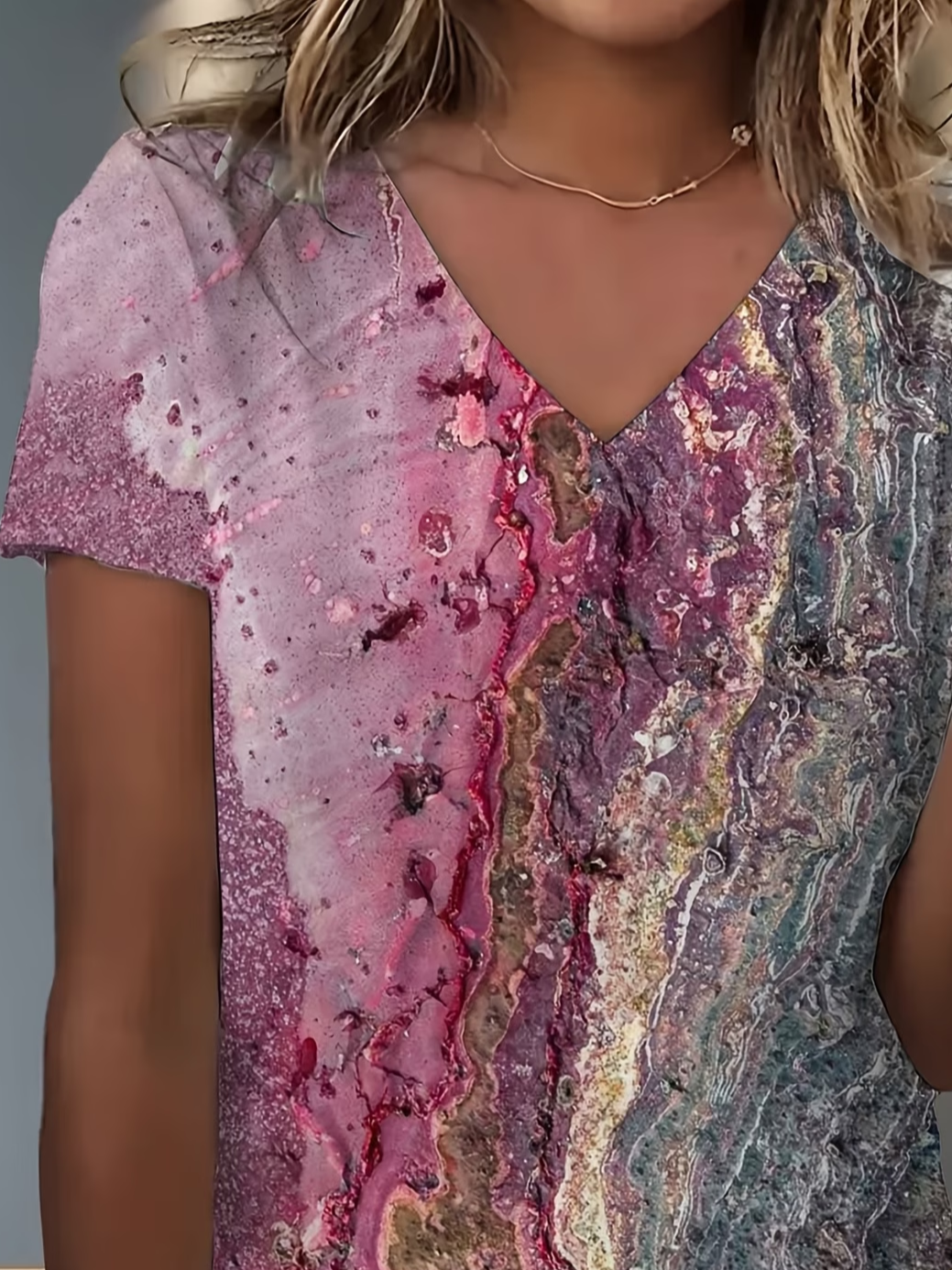 Women's Short Sleeve T-shirt Summer Purple Abstract Printing V Neck Holiday Going Out Vintage Top