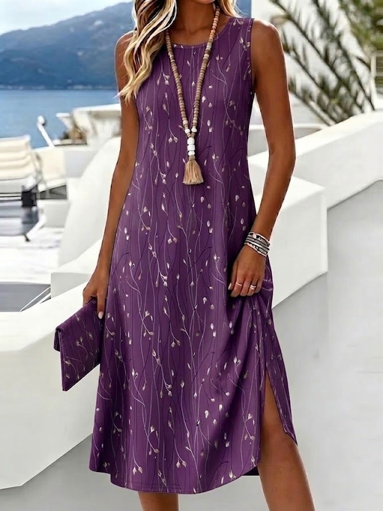 Women's Sleeveless Round Neck Midi Dress Blue Gray Floral Print Casual Summer Tank Dress with No Slit Hem